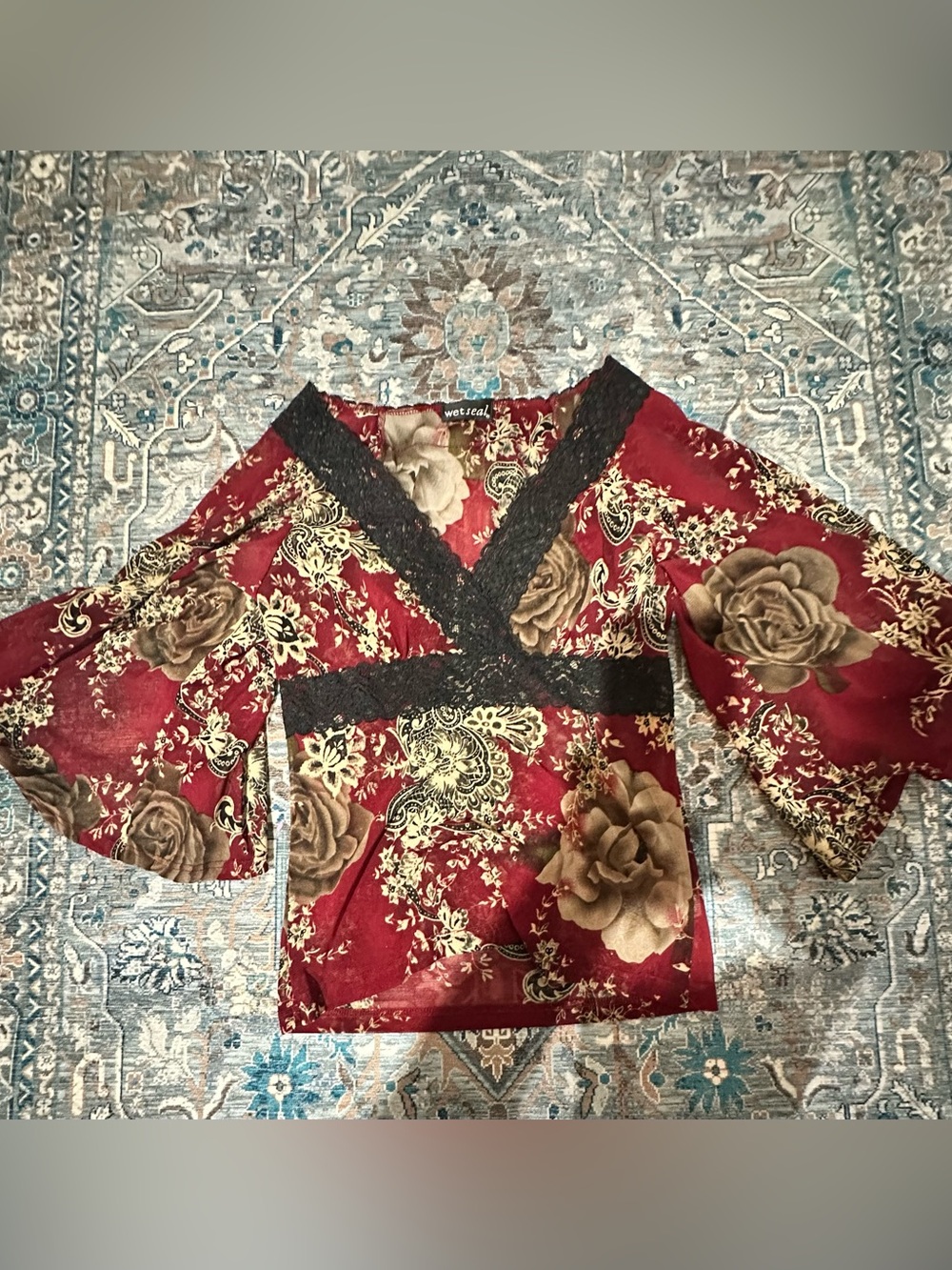Wet Seal Burgundy Floral V-Neck Lace-Trim Blouse
